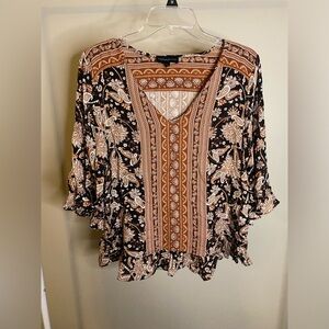 Cynthia Rowley boho brown and black ruffle blouse
